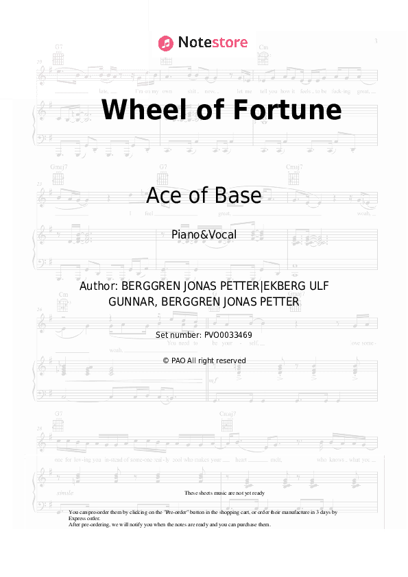 Wheel of Fortune - Ace of Base Piano Sheet Music with the Voice part - Piano&Vocal