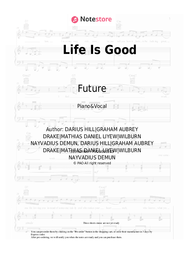 Life Is Good - Future, Drake Piano Sheet Music with the Voice part - Piano&Vocal