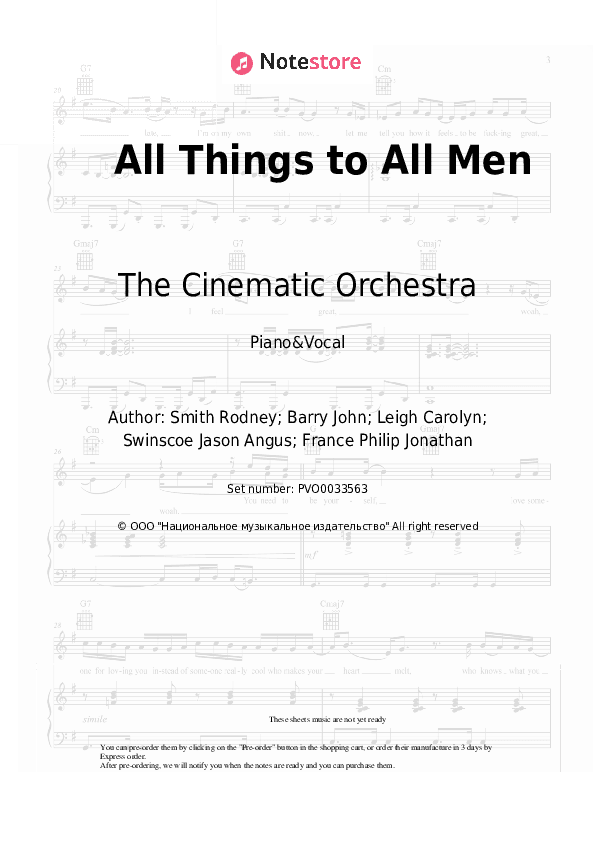 All Things to All Men - The Cinematic Orchestra Piano Sheet Music with the Voice part - Piano&Vocal