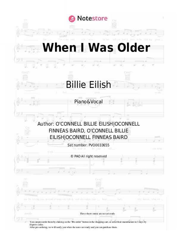 When I Was Older - Billie Eilish Piano Sheet Music with the Voice part - Piano&Vocal