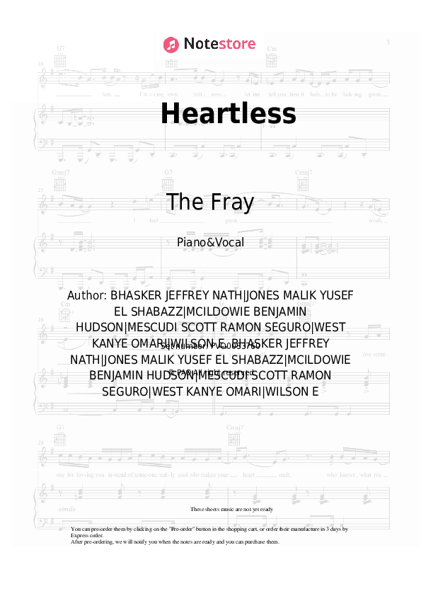 Heartless - The Fray Piano Sheet Music with the Voice part - Piano&Vocal