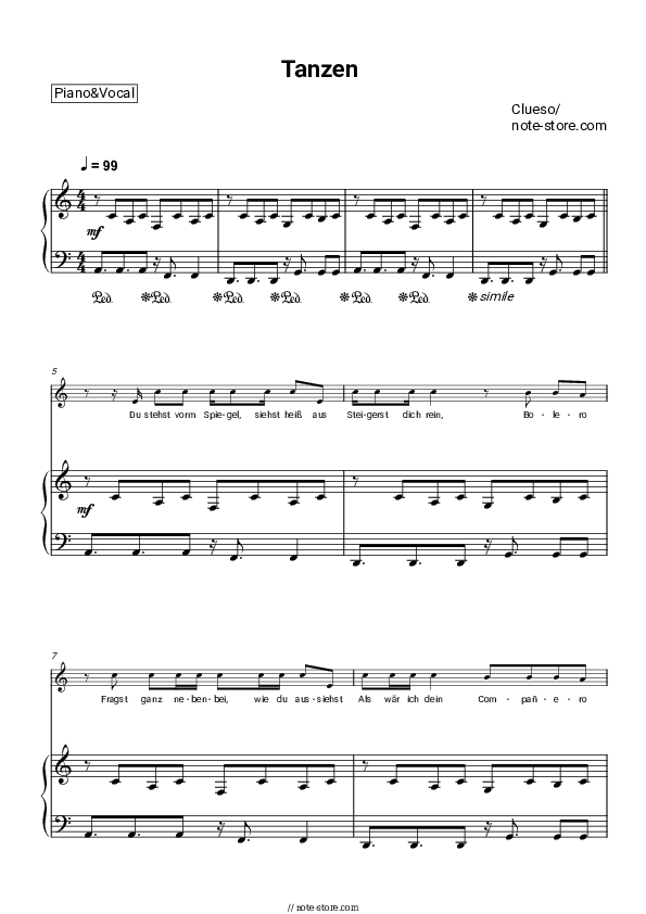 Tanzen - Clueso Piano Sheet Music with the Voice part - Piano&Vocal