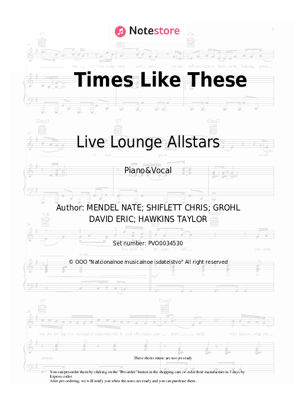Times Like These - Live Lounge Allstars Piano Sheet Music with the Voice part - Piano&Vocal