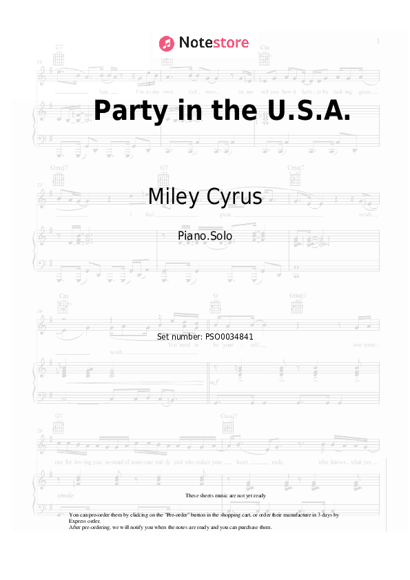 Party in the U.S.A. - Miley Cyrus Piano Sheet Music - Piano.Solo