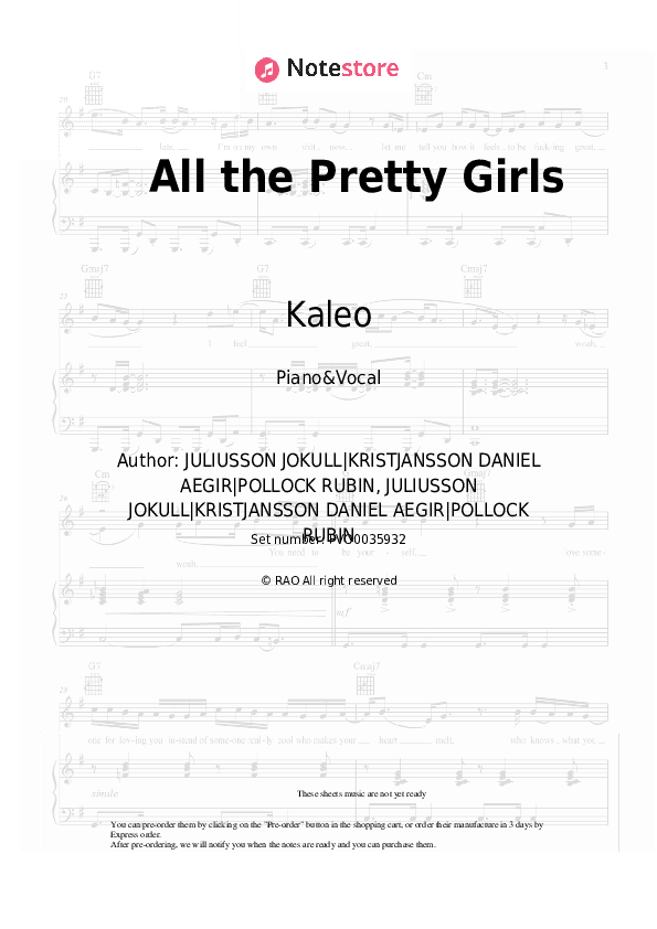 All the Pretty Girls - Kaleo Piano Sheet Music with the Voice part - Piano&Vocal
