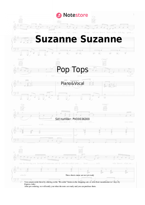 Suzanne Suzanne - Pop Tops Piano Sheet Music with the Voice part - Piano&Vocal