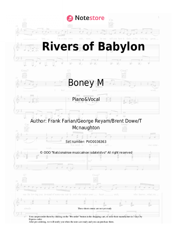 Rivers of Babylon - Boney M Piano Sheet Music with the Voice part - Piano&Vocal