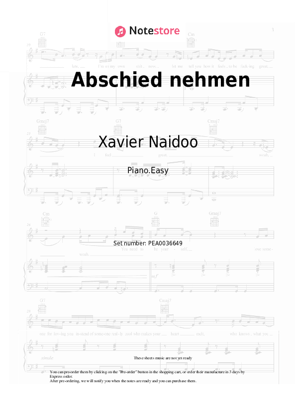 Abschied nehmen - Xavier Naidoo Piano Sheet Music Easy - Piano.Easy
