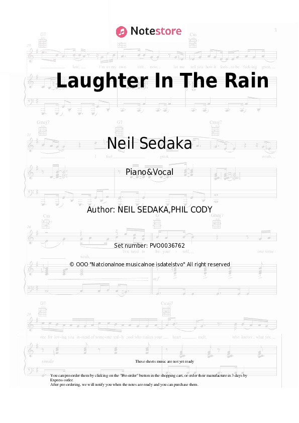 Laughter In The Rain - Neil Sedaka Piano Sheet Music with the Voice part - Piano&Vocal