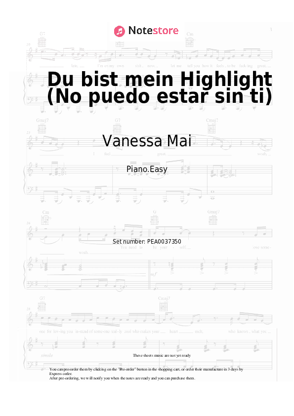 Du bist mein Highlight (No puedo estar sin ti) - Vanessa Mai, Lerica Piano Sheet Music Easy - Piano.Easy