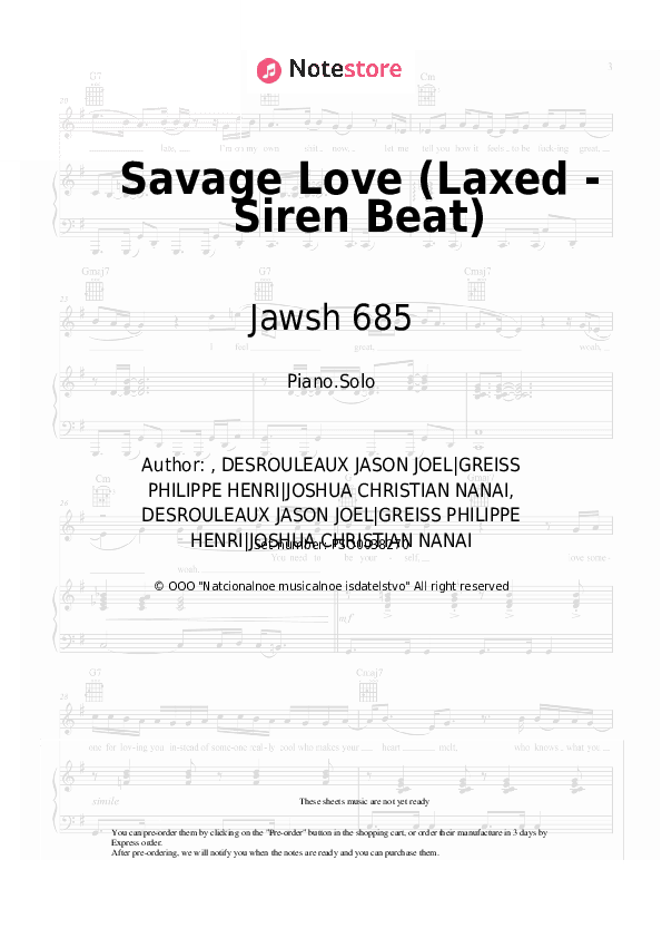 Savage Love (Laxed - Siren Beat) - Jawsh 685, Jason Derulo Piano Sheet Music - Piano.Solo