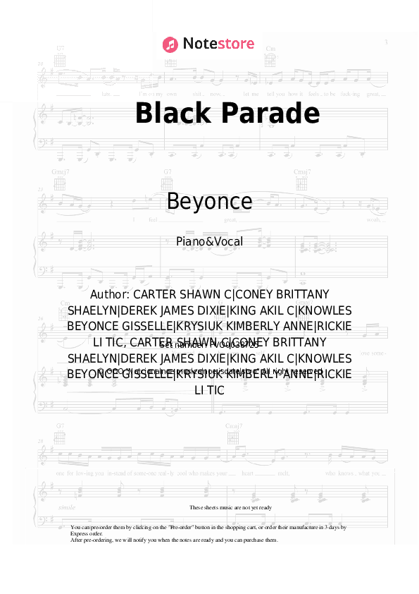 Black Parade - Beyonce Piano Sheet Music with the Voice part - Piano&Vocal