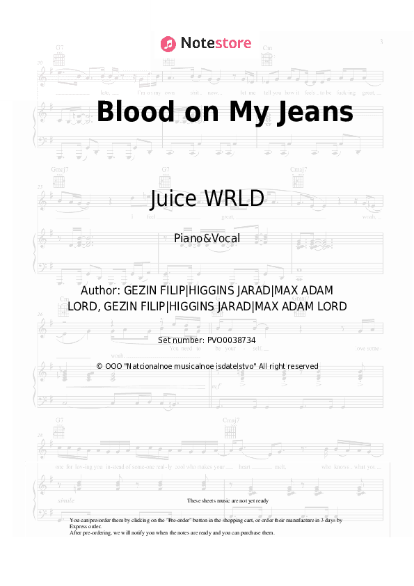 Blood on My Jeans - Juice WRLD Piano Sheet Music with the Voice part - Piano&Vocal
