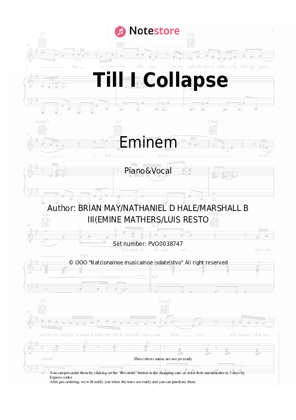 Till I Collapse - Eminem Piano Sheet Music with the Voice part - Piano&Vocal