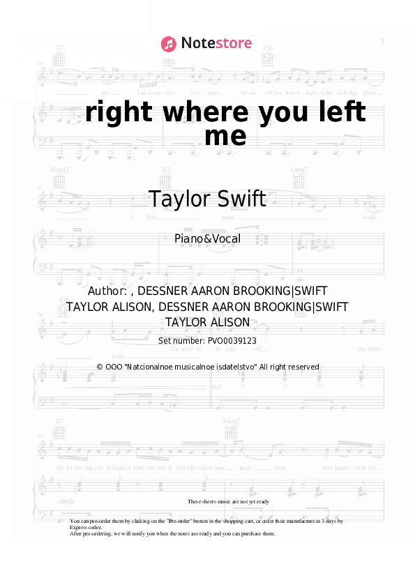 right where you left me - Taylor Swift Piano Sheet Music with the Voice part - Piano&Vocal