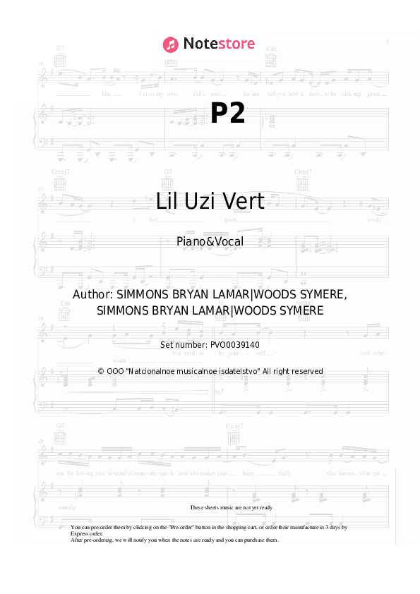 P2 - Lil Uzi Vert Piano Sheet Music with the Voice part - Piano&Vocal