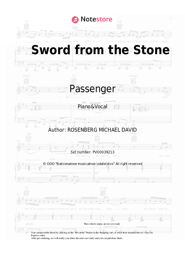 Sword from the Stone - Passenger Piano Sheet Music with the Voice part - Piano&Vocal