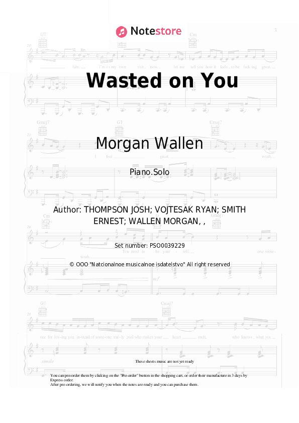 Wasted on You - Morgan Wallen Piano Sheet Music - Piano.Solo