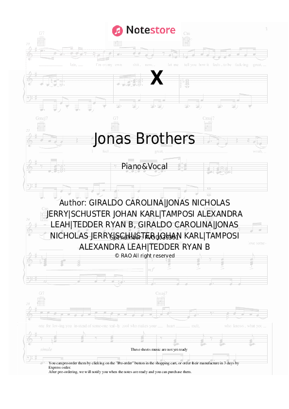 X - Jonas Brothers, Karol G Piano Sheet Music with the Voice part - Piano&Vocal