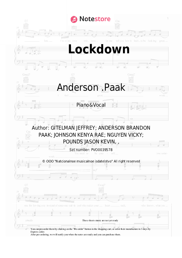 Lockdown - Anderson .Paak Piano Sheet Music with the Voice part - Piano&Vocal