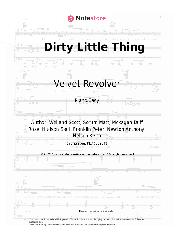 Dirty Little Thing - Velvet Revolver Piano Sheet Music Easy - Piano.Easy