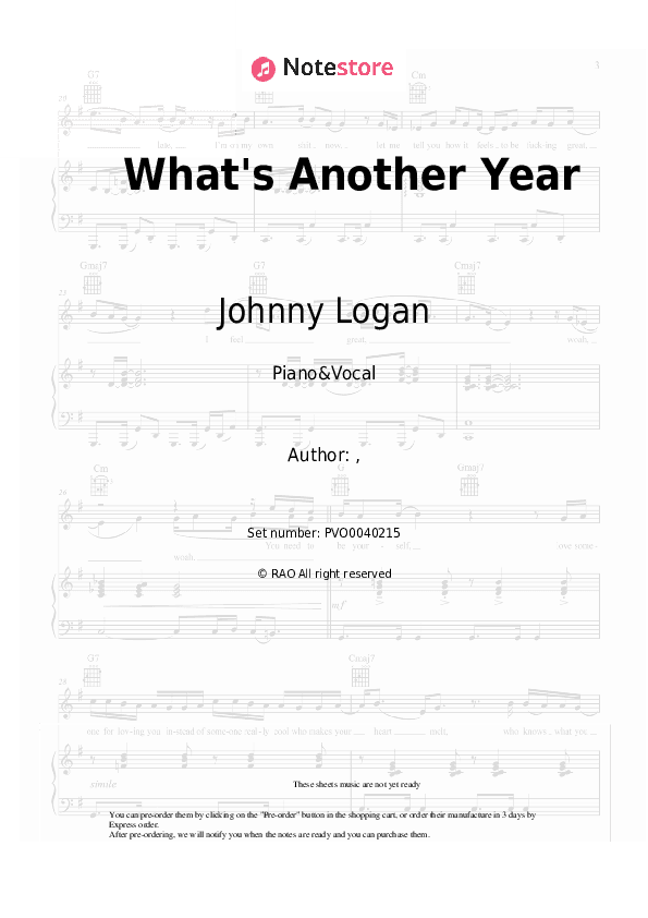 What's Another Year - Johnny Logan Piano Sheet Music with the Voice part - Piano&Vocal
