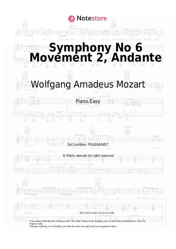 Symphony No 6 Movement 2, Andante - Wolfgang Amadeus Mozart Piano Sheet Music Easy - Piano.Easy