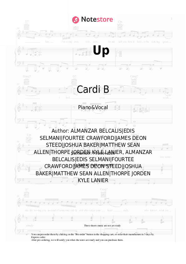 Up - Cardi B Piano Sheet Music with the Voice part - Piano&Vocal