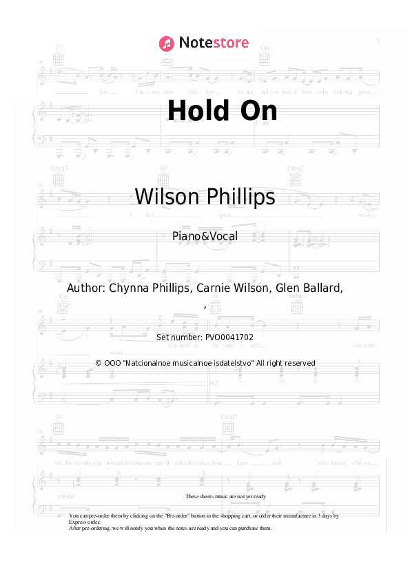 Hold On - Wilson Phillips Piano Sheet Music with the Voice part - Piano&Vocal