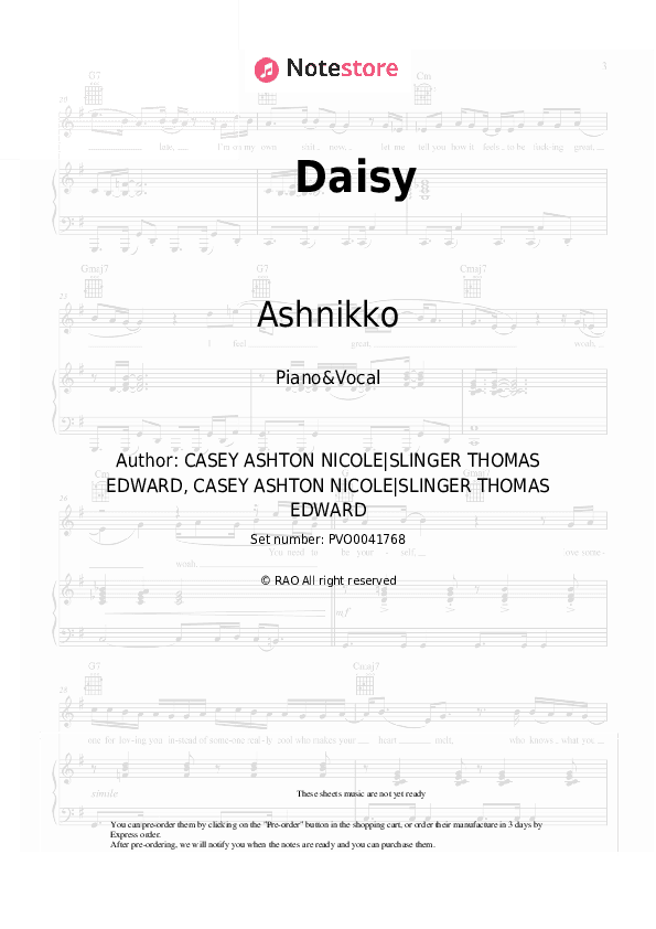 Daisy - Ashnikko Piano Sheet Music with the Voice part - Piano&Vocal