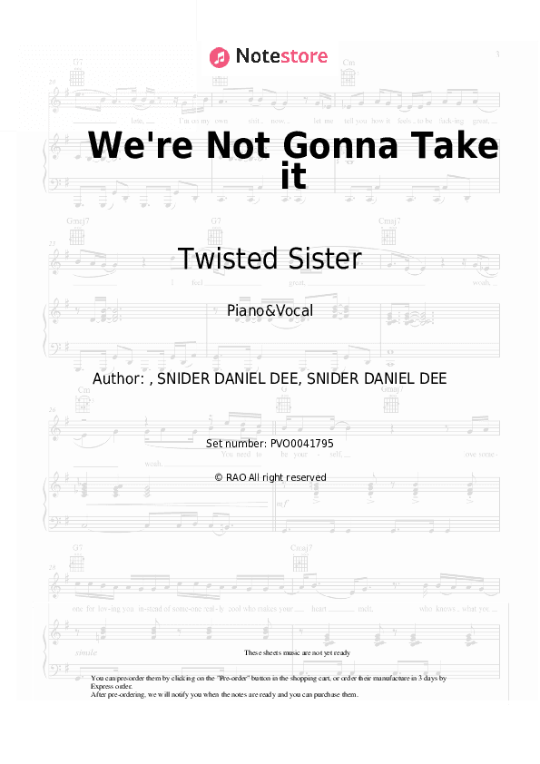 We're Not Gonna Take it - Twisted Sister Piano Sheet Music with the Voice part - Piano&Vocal