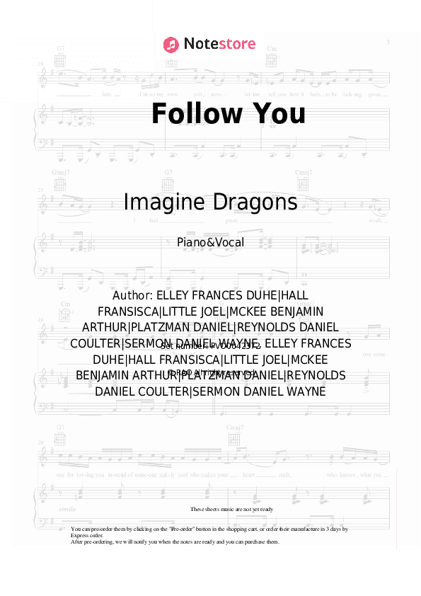 Follow You - Imagine Dragons Piano Sheet Music with the Voice part - Piano&Vocal