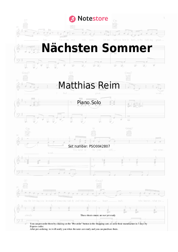 Nächsten Sommer - Matthias Reim Piano Sheet Music - Piano.Solo