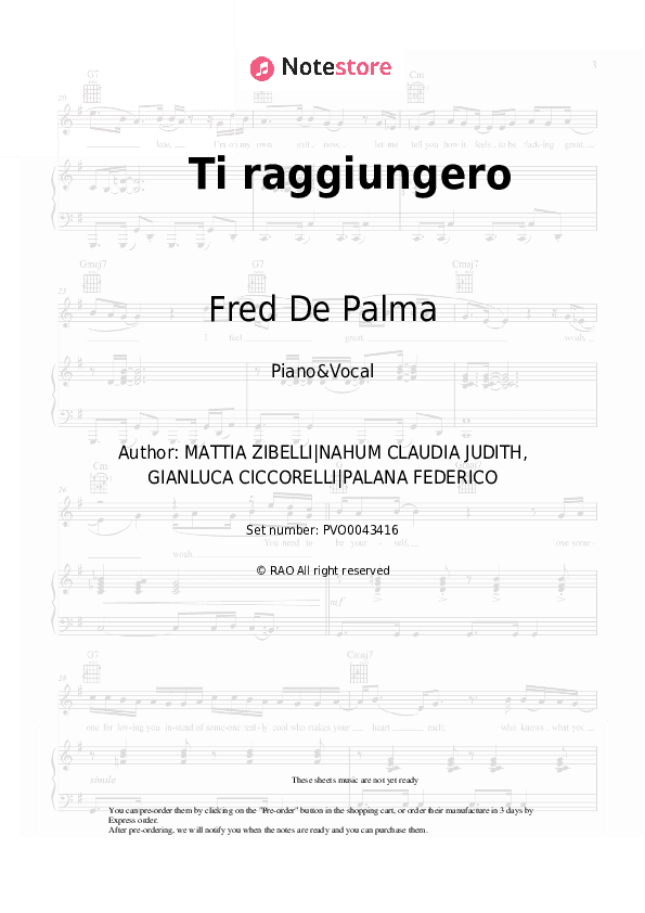 Ti raggiungero - Fred De Palma Piano Sheet Music with the Voice part - Piano&Vocal