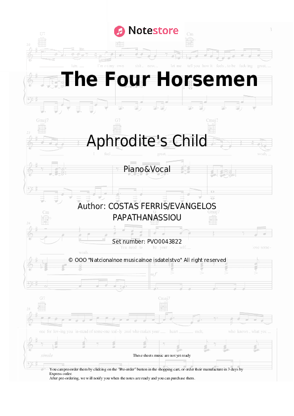 The Four Horsemen - Aphrodite's Child Piano Sheet Music with the Voice part - Piano&Vocal