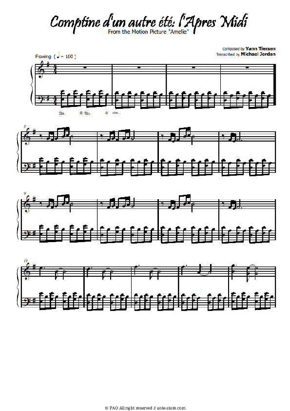 Comptine autre ete - Yann Tiersen Piano Sheet Music - Piano.Solo