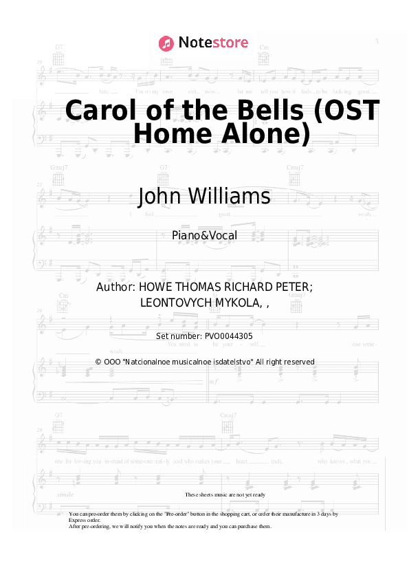Carol of the Bells (OST Home Alone) - John Williams Piano Sheet Music with the Voice part - Piano&Vocal