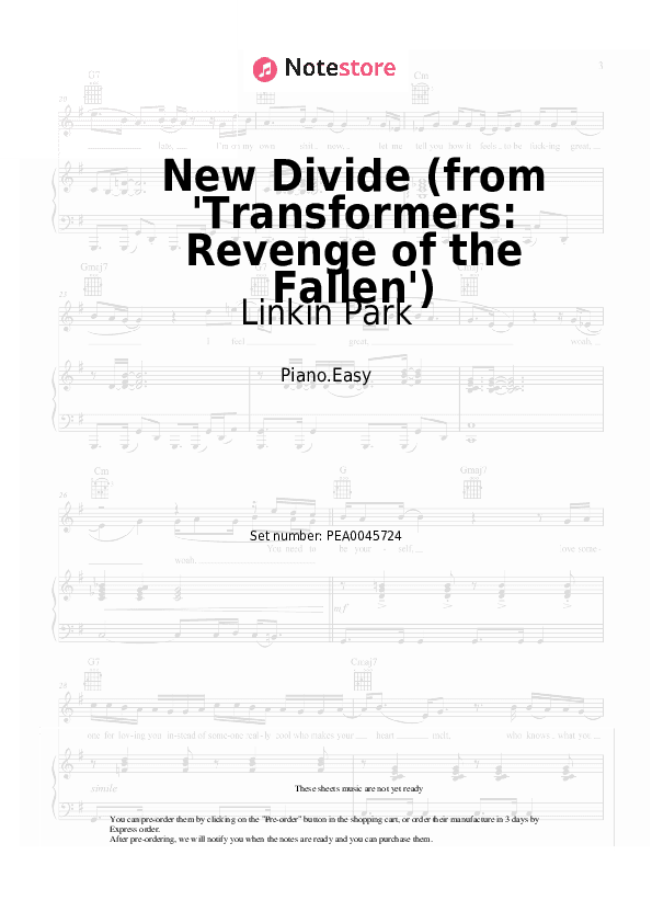 New Divide (from 'Transformers: Revenge of the Fallen') - Linkin Park Piano Sheet Music Easy - Piano.Easy