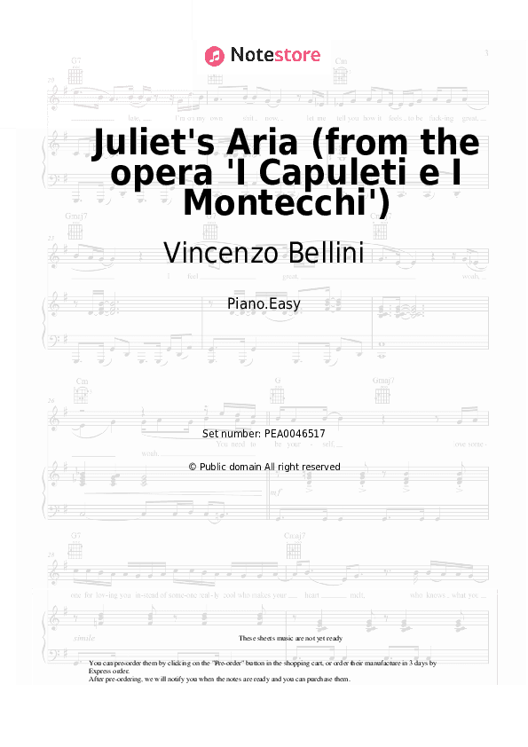 Juliet's Aria (from the opera 'I Capuleti e I Montecchi') - Vincenzo Bellini Piano Sheet Music Easy - Piano.Easy