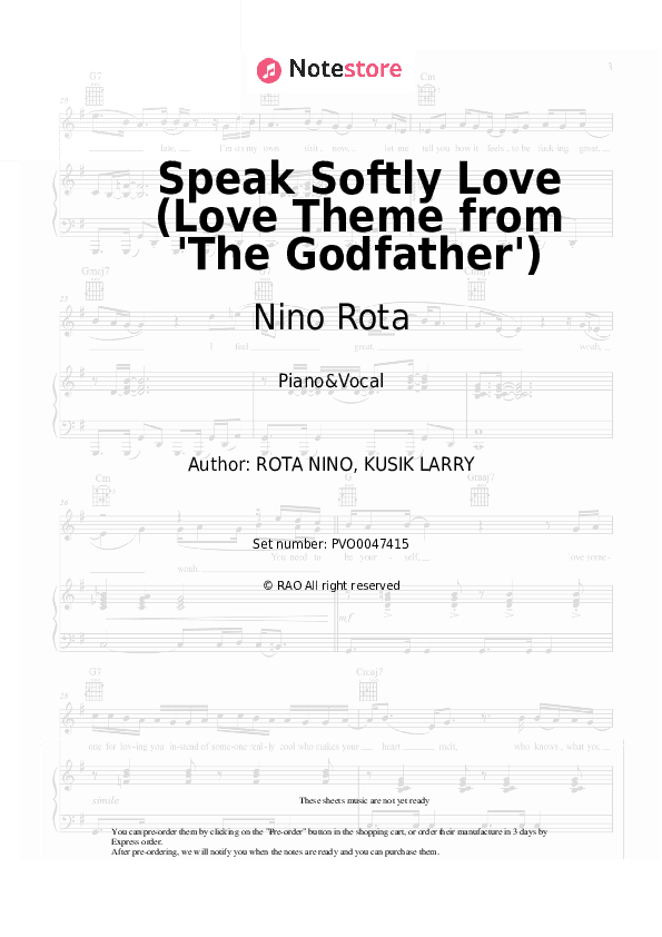 Speak Softly Love (Love Theme from 'The Godfather') - Nino Rota, Andy Williams Piano Sheet Music with the Voice part - Piano&Vocal
