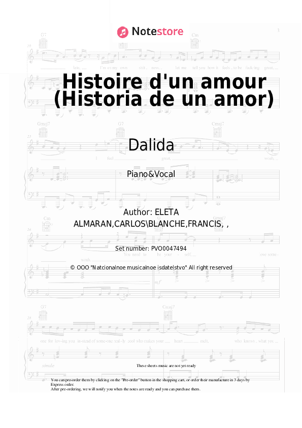 Histoire d'un amour (Historia de un amor) - Dalida Piano Sheet Music with the Voice part - Piano&Vocal