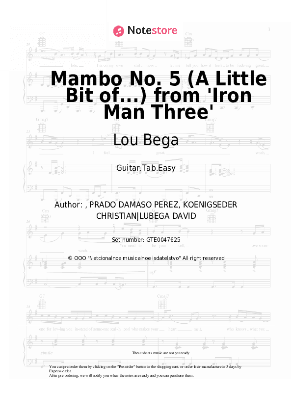 Mambo No. 5 (A Little Bit of...) from 'Iron Man Three' - Lou Bega Tabs Easy - Guitar.Tab.Easy