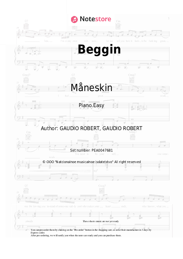 Beggin - Måneskin Piano Sheet Music Easy - Piano.Easy