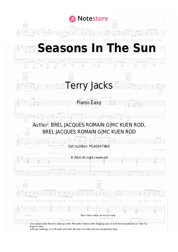 Seasons In The Sun - Terry Jacks Piano Sheet Music Easy - Piano.Easy