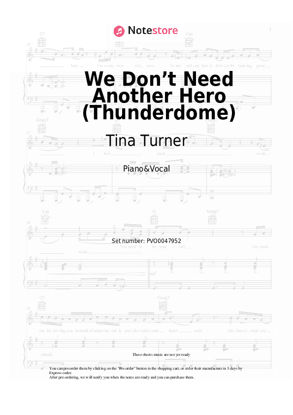 We Don’t Need Another Hero (Thunderdome) - Tina Turner Piano Sheet Music with the Voice part - Piano&Vocal