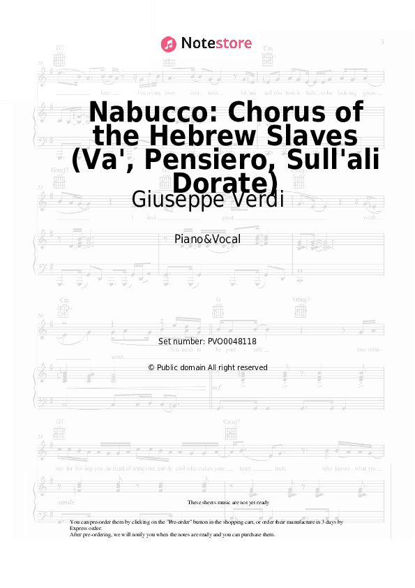 Nabucco: Chorus of the Hebrew Slaves (Va', Pensiero, Sull'ali Dorate) - Giuseppe Verdi Piano Sheet Music with the Voice part - Piano&Vocal