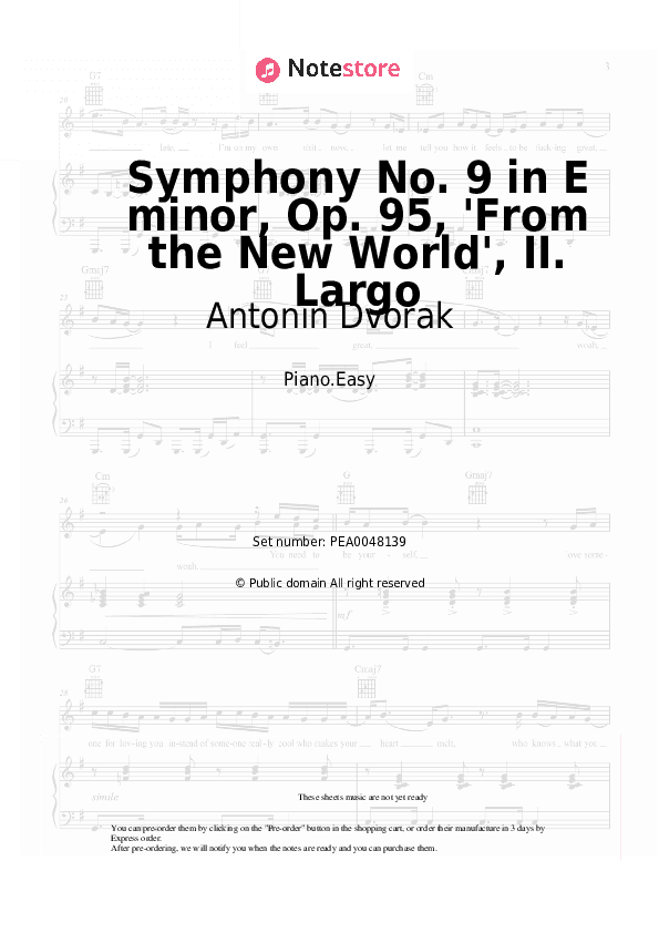 Symphony No. 9 in E minor, Op. 95, 'From the New World', II. Largo - Antonin Dvorak Piano Sheet Music Easy - Piano.Easy