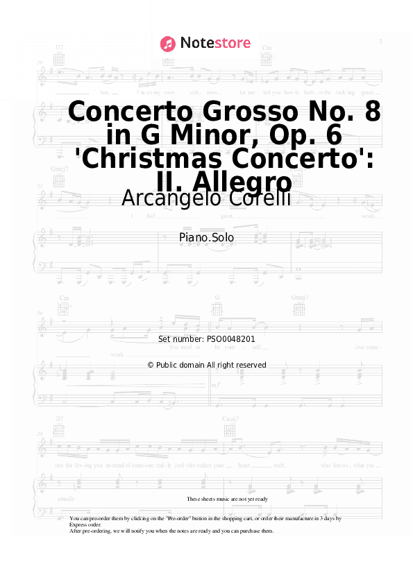 Concerto Grosso No. 8 in G Minor, Op. 6 'Christmas Concerto': II. Allegro - Arcangelo Corelli Piano Sheet Music - Piano.Solo