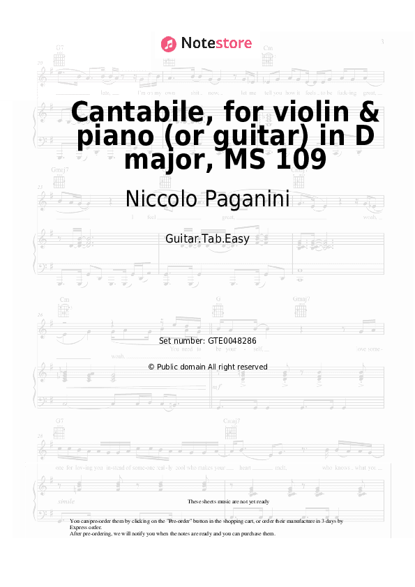 Cantabile, for violin & piano (or guitar) in D major, MS 109 - Niccolo Paganini Tabs Easy - Guitar.Tab.Easy