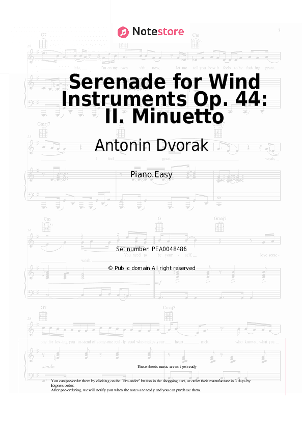 Serenade for Wind Instruments Op. 44: II. Minuetto - Antonin Dvorak Piano Sheet Music Easy - Piano.Easy